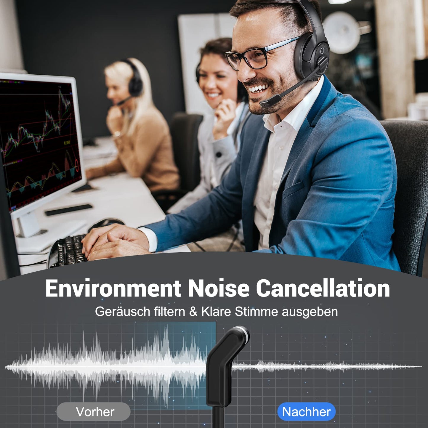 EKSA H6 Bluetooth Headset mit Mikrofon & USB Dongle [Bis zu 55 Stdn & 10 Meter Reichweite] Wireless PC Headset mit AI Noise Cancelling Mic, Over Ear Headset für Business/Büro/Home Office/Teams/Zoom