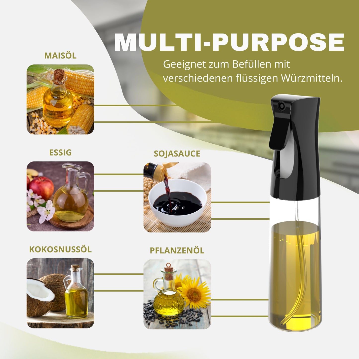 2 x 300ml ölsprüher für speiseöl + Trichter + 2 rutschfeste Halterungen | BPA-freies Kochspray für Öl, Essig, Soja, Zitrone