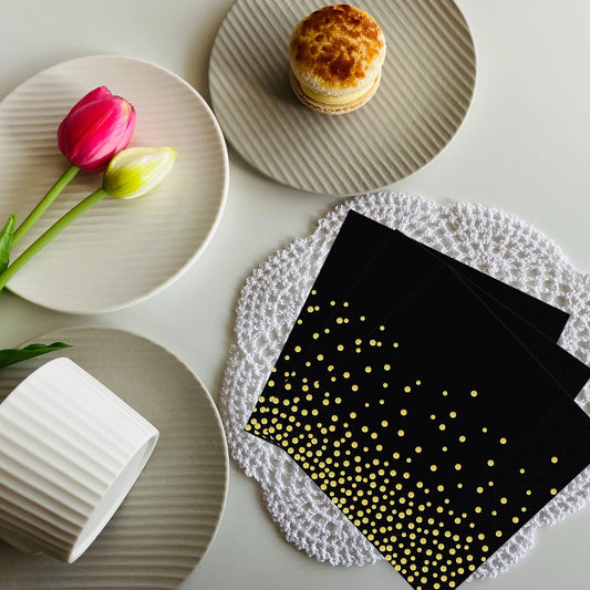 Servietten, Goldfolie Party Servietten Schwarz Golddruck Gepunktete 3-lagig Papier Servierten, 80 Stück Abendessen-Servietten 33x33cm Papierservietten mit metallic Aufdruck