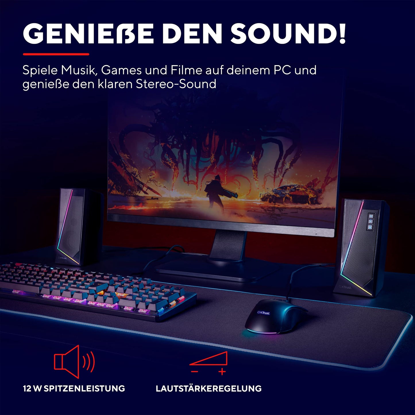 Trust Gaming Lautsprecher für PC GXT 609 Zoxa - Computer Boxen, Lautsprecherset mit 6 Verschiedene RGB Beleuchtungsarten, Stromversorgung über USB, 12W, PC/Laptop, Schwarz