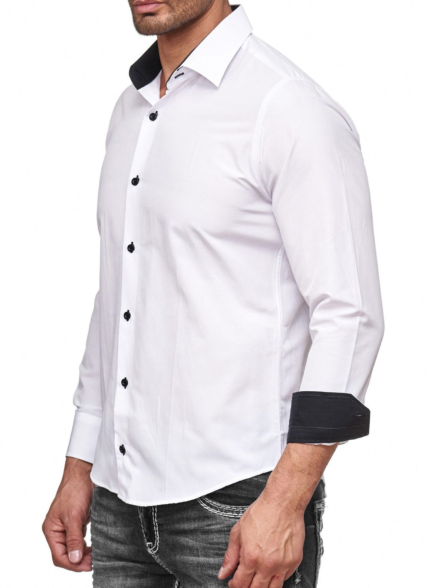 Baxboy Herren-Hemd Slim-Fit Bügelleicht Für Anzug, Business, Hochzeit, Freizeit - Langarm Hemden für Männer Langarmhemd R-44, Farbe:Weiss/Schwarz, Größe:L