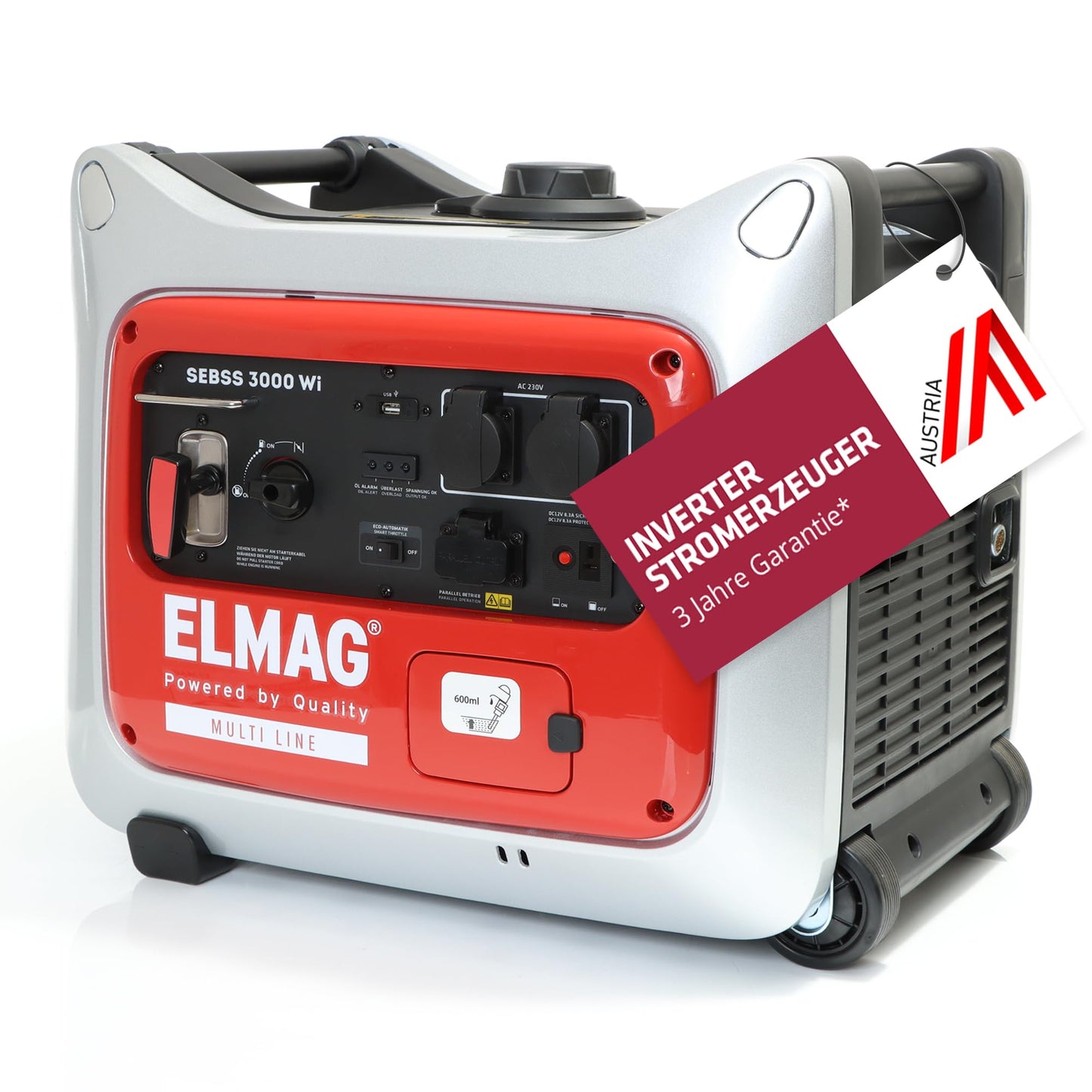 ELMAG Inverter Stromerzeuger SEBSS 3000Wi – 2,6 kVA Benzin Stromgenerator mit 4-Takt-Motor, leise & kraftvoll – Stromaggregat mit ECO-Modus, 2 x 230V, USB & 12V – Für Camping, Outdoor & Notstrom