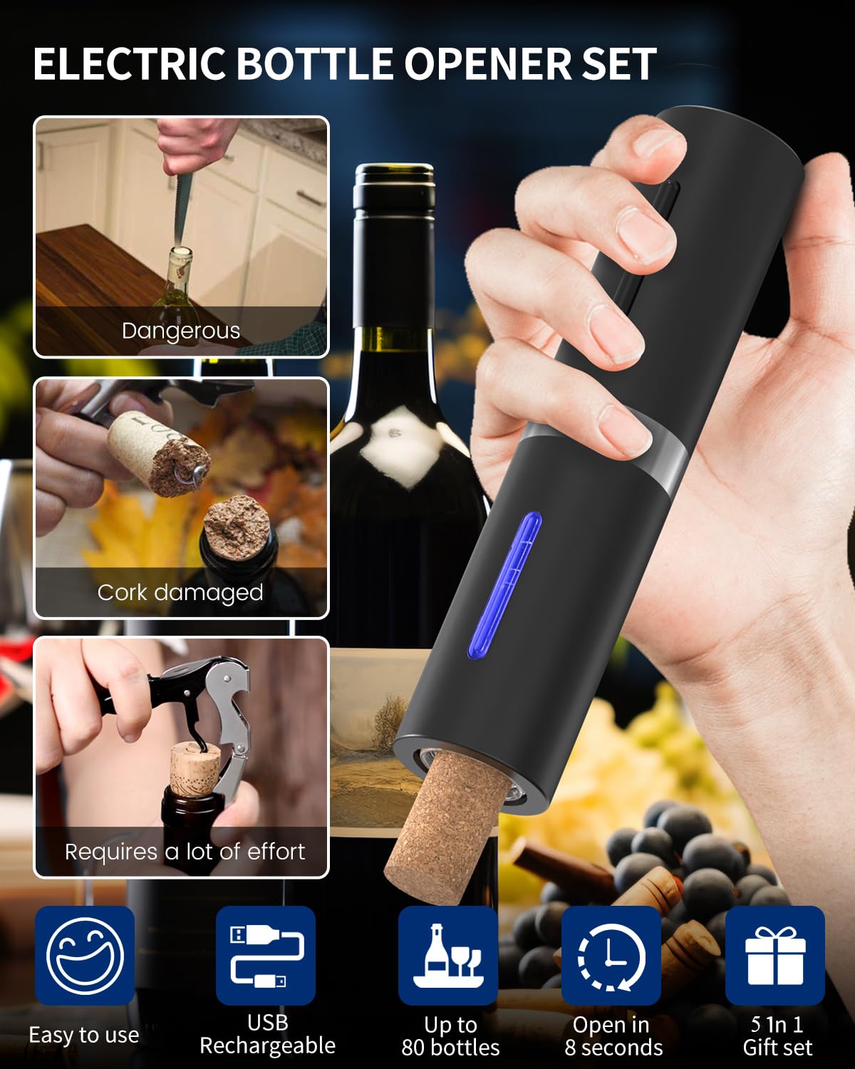 CIRCLE JOY Elektrischer Weinöffner-Set, Wiederaufladbares 5-in-1 Weinöffner-Geschenkset mit Ladestation, Folienschneider, Weinausgießer und Vakuum-Weinstopfen