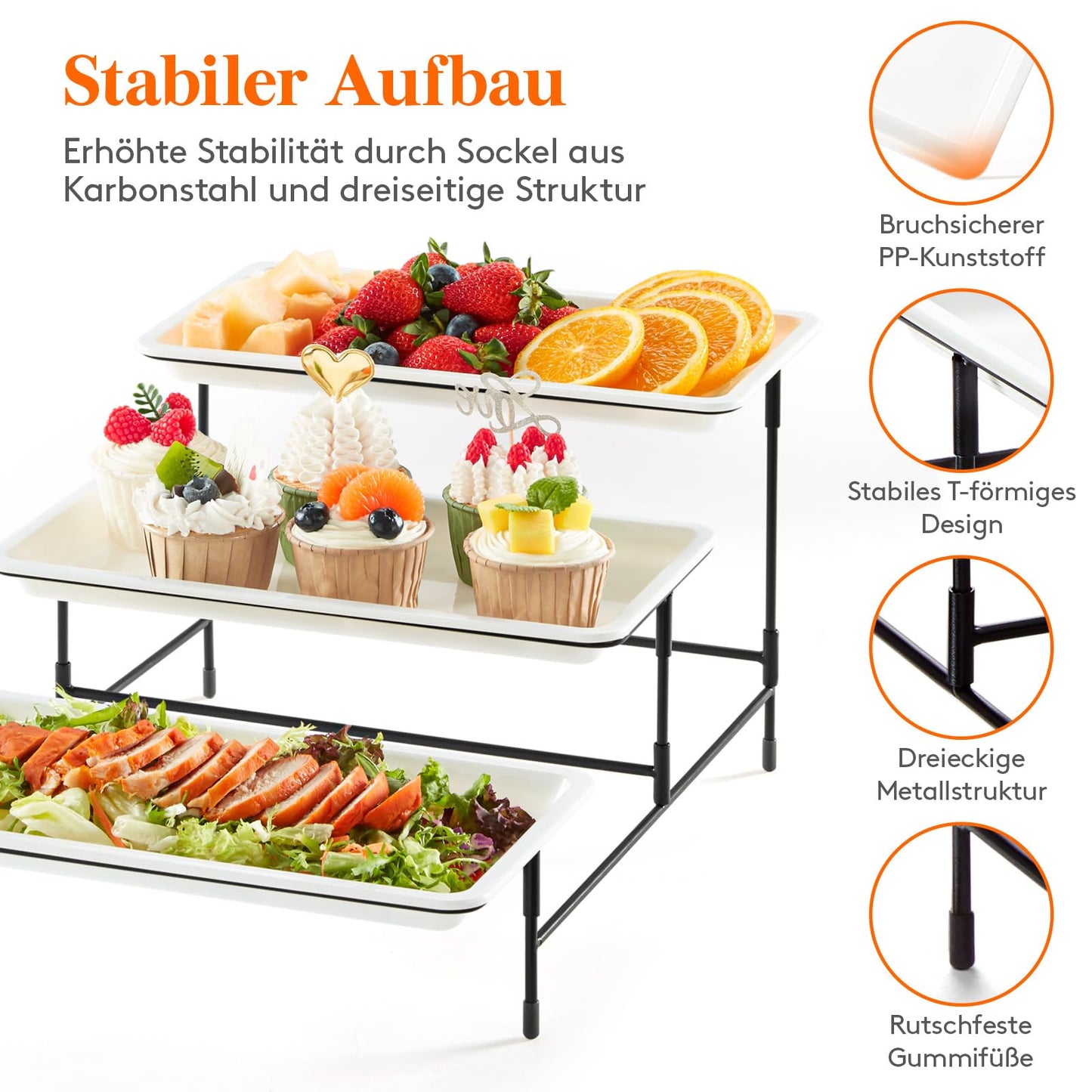 Lifewit 3-stufiges Serviertablett für Partyzubehör, 30x17cm Servierplatte zum Anrichten von Speisen, weiße wiederverwendbare Tabletts mit schwarzer Obstschale für Gemüse, Obst, Kekse, Desserts