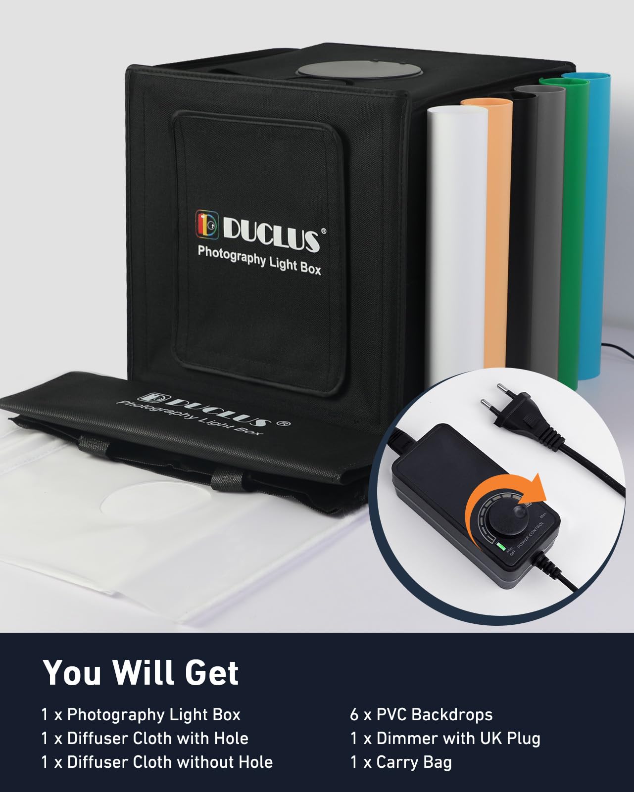 DUCLUS Fotobox zum Produktfotografie, 50x50x50cm Faltbare Fotostudio Set mit 216 LED Beleuchtung und 6 PVC Hintergründe für Schmuck-/Handwerks-/Kleinobjektfotografie