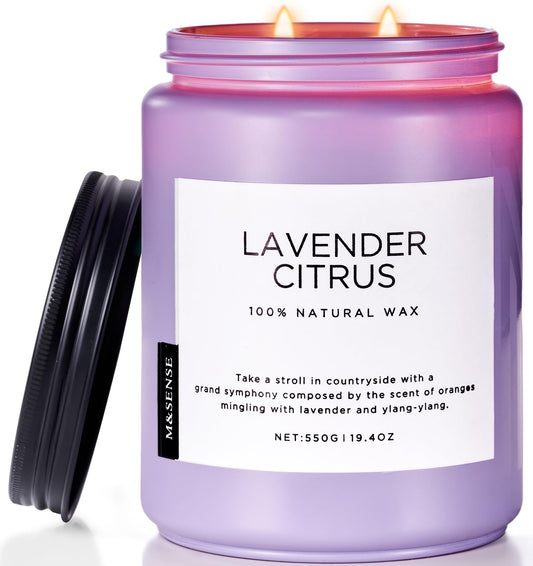 M&SENSE Duftkerzen Lavendel Zitrus mit 2 Dochte, 550g 110 std. Brenndauer Sojakerzen, Aromatherapie Kerze zur Entspannung Duftkerzegeschenk für Mama, Freunde, große Glaskerze für Spa, Bad, Yoga