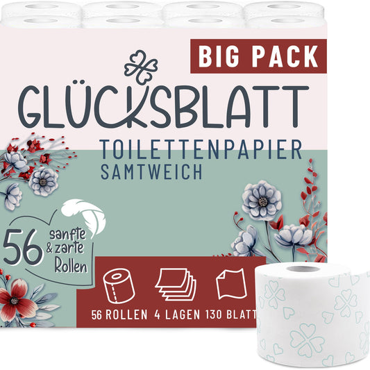 Glücksblatt Toilettenpapier SAMTWEICH mit Vanilleduft, 4-lagig, 56 Rollen x 130 Blatt, 100% Zellstoff, superweiches Klopapier mit Glücks-Prägung, WC Papier, Verpackung aus mind. 30% PCR