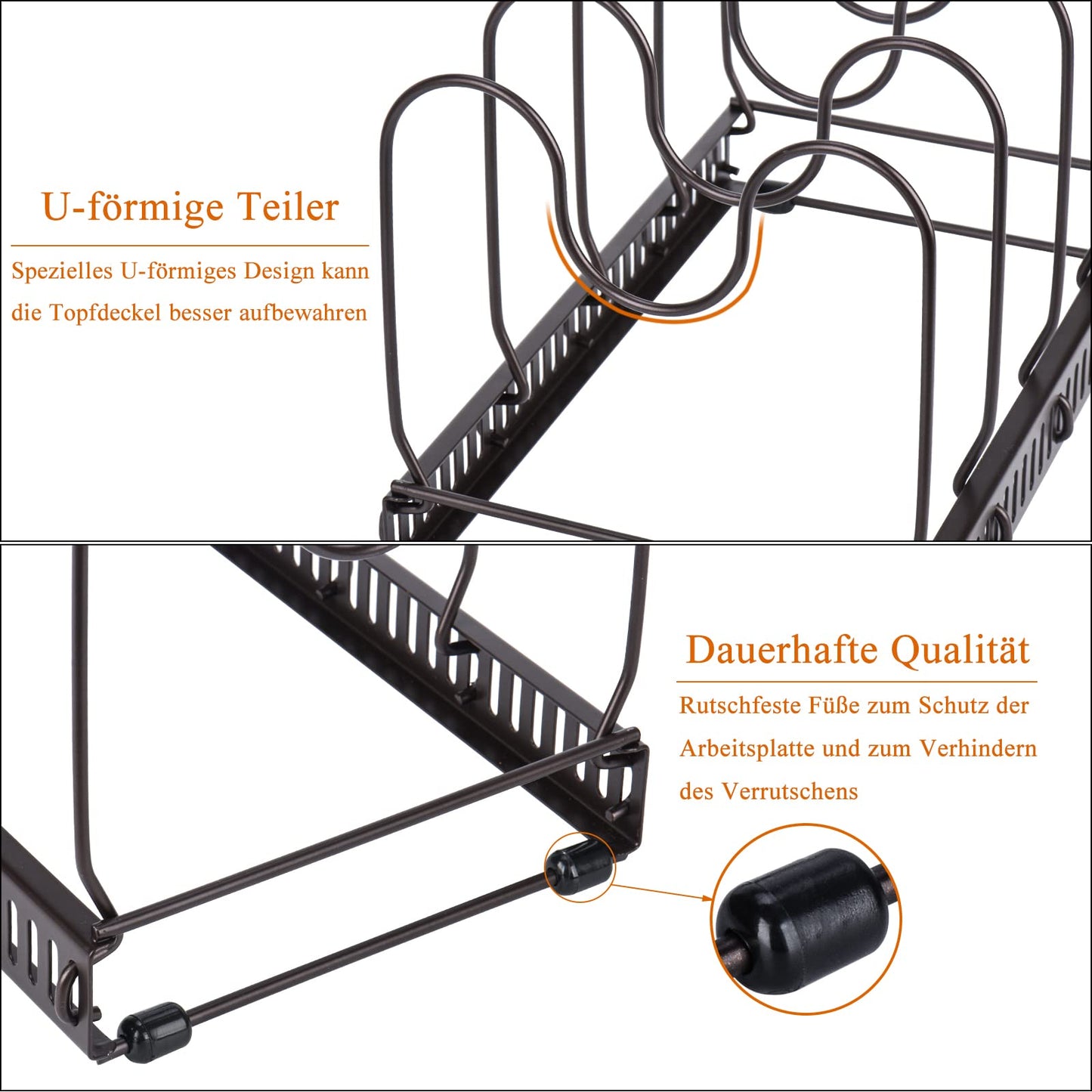 Toplife Verstellbarer Topfhalter, Aufbewahrung, Deckel, Topf mit 10 Fächern, Halterung aus Metall, Aufbewahrung für Küche, für Deckel, Pfannen, Organizer für Töpfe – Braun