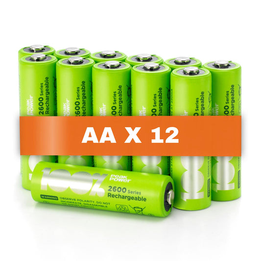 100% PeakPower Akku AA NiMH | 12 Stück Batterien AA wiederaufladbar 1,2V | optimierte Kapazität, geringe Selbstentladung, vorgeladen | AA Akkus wiederaufladbar x12