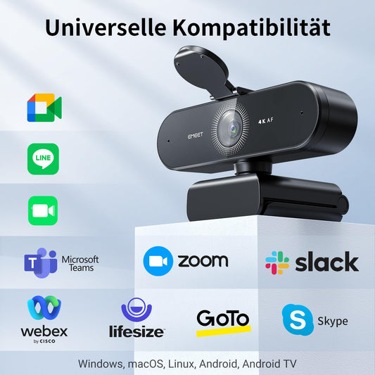 EMEET Webcam NOVA 4K, 4K Webcam mit 2 Mikrofon mit Rauschunterdrückung, Ultra HD Webcam mit 73° Weitwinkel und Objektivabdeckung, PDAF Automatische Lichtkorrektur, Webcam für Mac, Laptop, Zoom, Skype