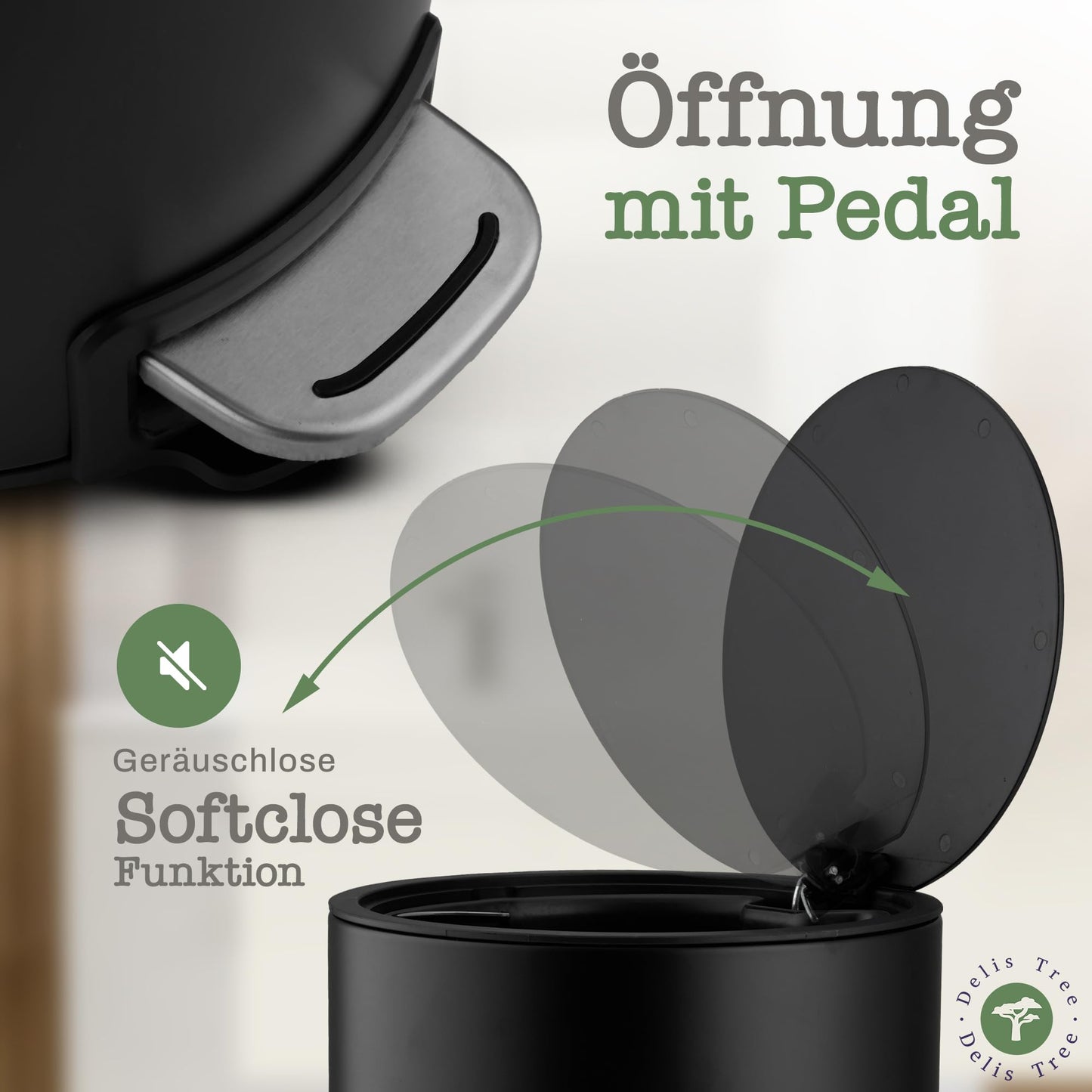 Delis Tree Mülleimer 5L, Tretmülleimer mit edlem Design & Softclose, Anti-Geruch Abfalleimer, für Bad Badezimmer Toilette Küche Büro, Müll Eimer Trash Haushalt Kosmetik Mülltonne Inneneimer (Schwarz)