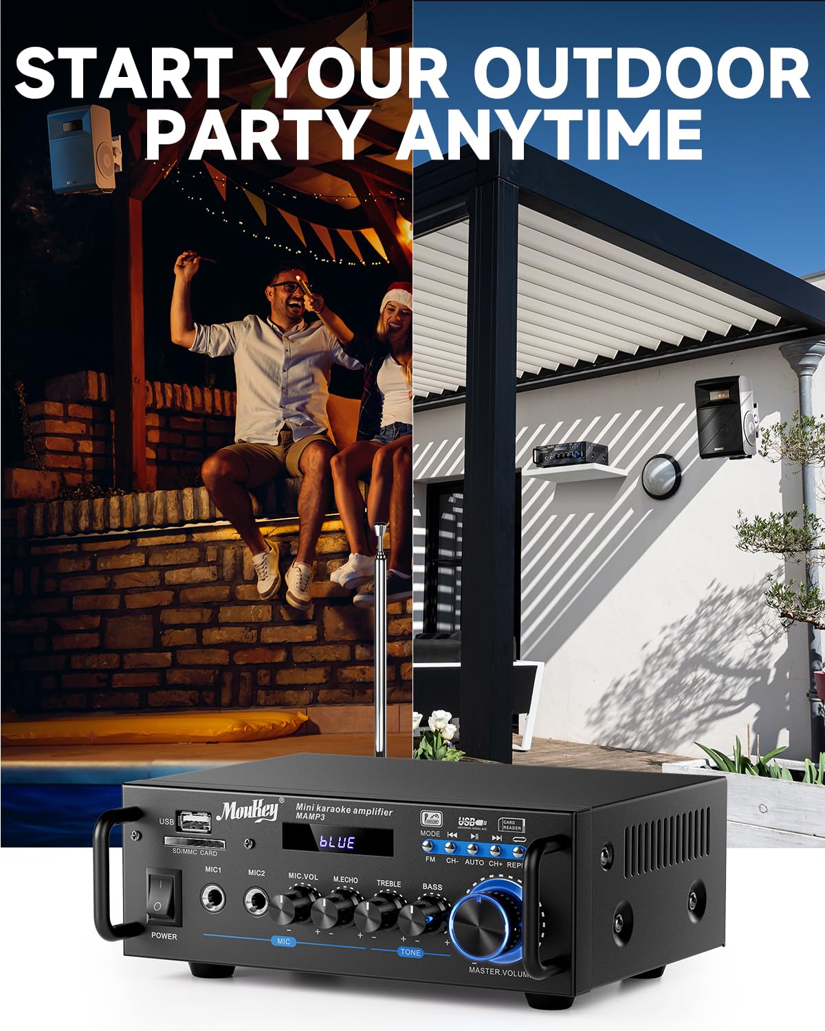 Moukey 2.0 Kanal Stereo Bluetooth Karaoke Verstärker, 100W Stereo Audio Verstärker Empfänger, Verstärker HiFi mit RCA, USB, SD, 2 Mic Eingänge, FM Radio für Auto oder Zuhause, MAMP3