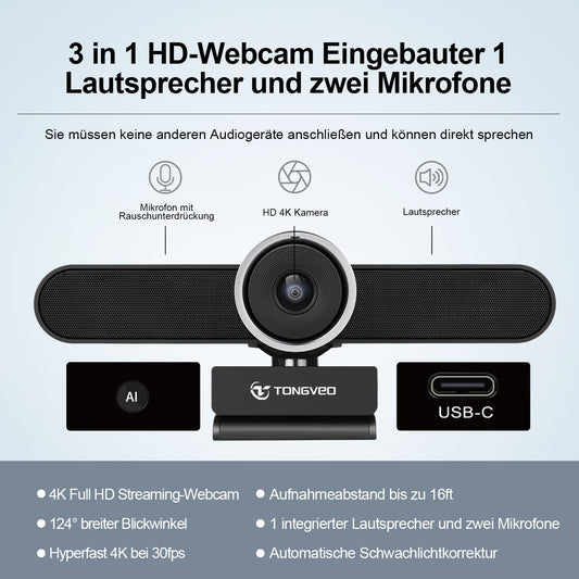 TONGVEO 4K Webcam Konferenzraum- Webkamera mit Mikrofon und Lautsprecher, Computer Videokamera Weitwinkel AI Auto Framing Doppelmikrofone Funktioniert mit Microsoft Teams, Zoom, Google Voice, PC
