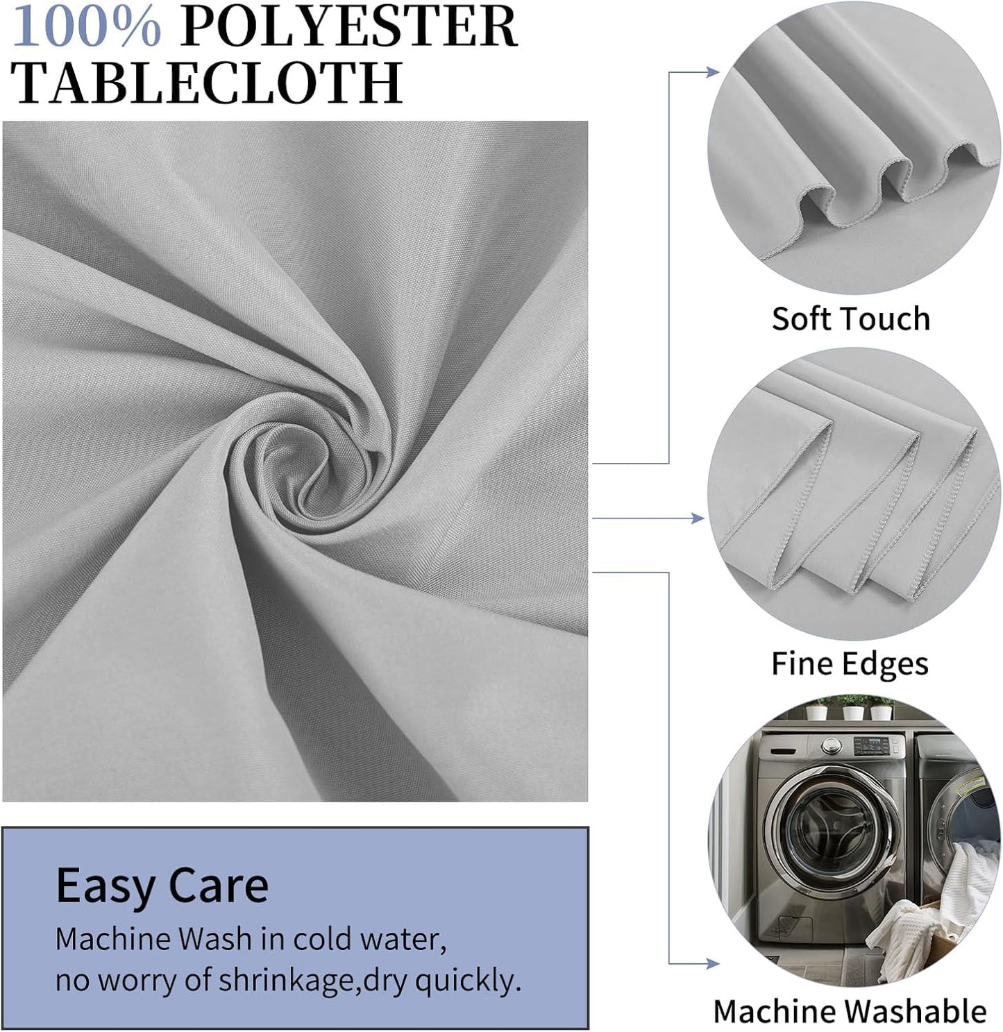 4 Stück Runde Tischdecke 229 cm, Hellgrau Polyester Tischdecke für Runden Tische schmutzabweisende und Waschbare Tischdecke Dekorative Tischdecke für Hochzeiten, Geburtstage, Partys, Bankette, Camping
