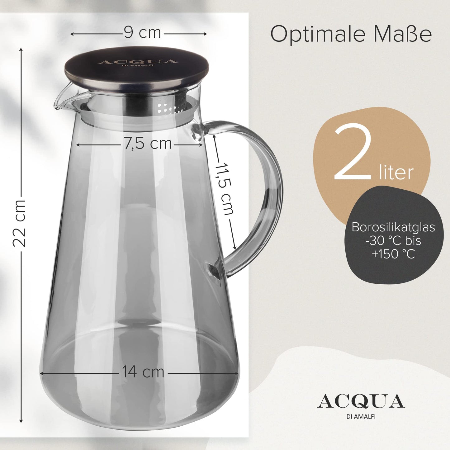 ACQUA DI AMALFI® Glaskaraffe | Wasserkaraffe 2 Liter mit Edelstahl/Bambus Deckel | Wasserkrug mit Fruchteinsatz | Auslaufsicher | Karaffe auch als Teekanne (BLACK/BLACK)