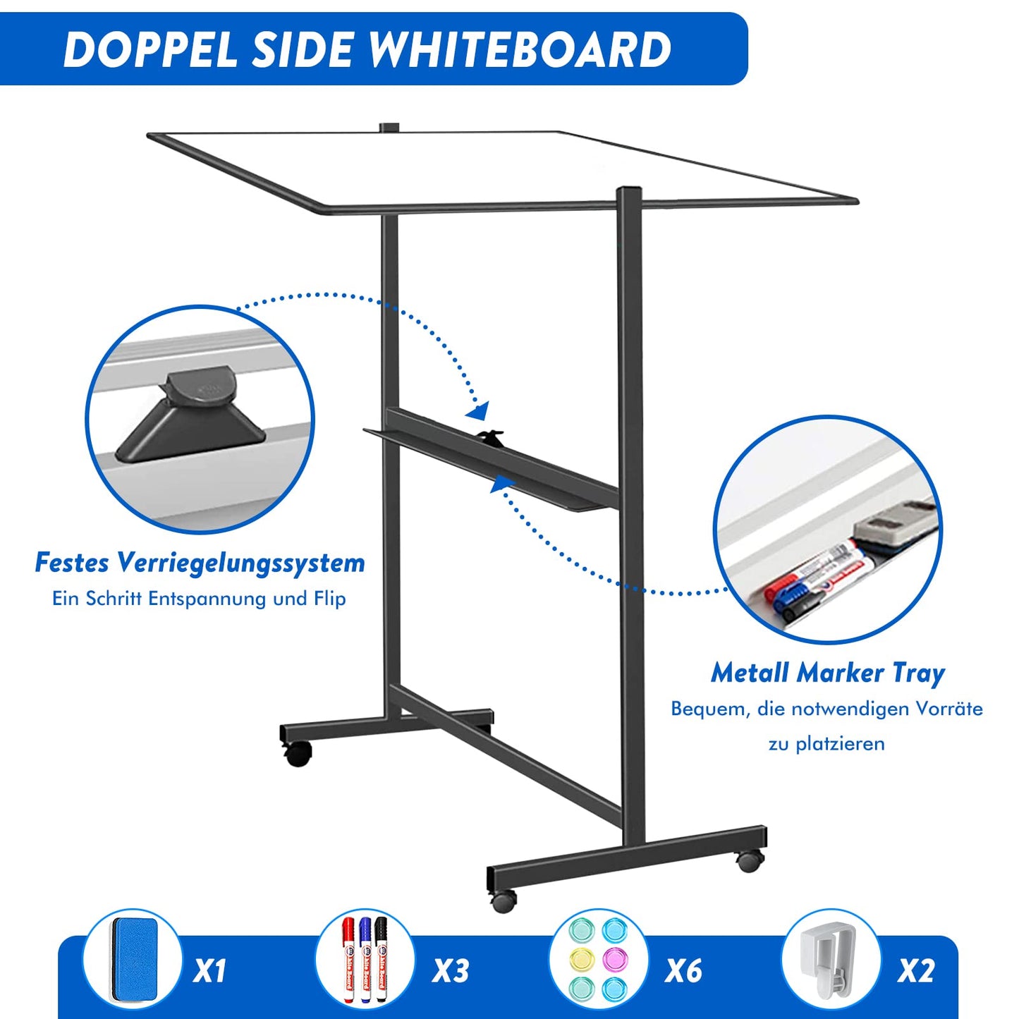 maxtek Mobiles Whiteboard, 120 x 80 cm Doppelseitiges Whiteboard mit Ständer, Magnetische, Aluminiumrahmen - mit Stifte, Schwämme, Magnete