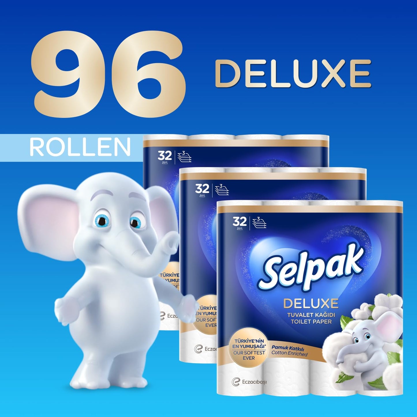 Selpak Deluxe Toilettenpapier 3-lagig, 4160 Blatt Klopapier Mit Baumwollfasern, Extra Weich und Stark, Toilet Paper, Wc Papier, 96 Rollen (3 x 32 Rollen)