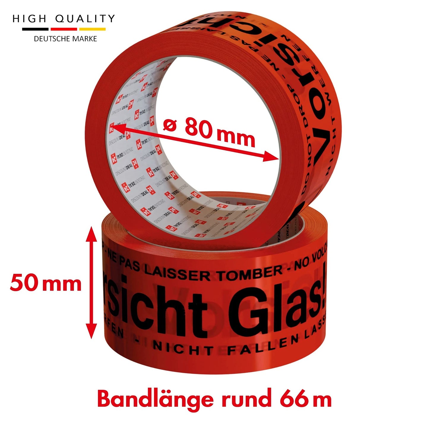 Paketband Vorsicht Glas zerbrechlich 5cm x 66m in rot (6 Rollen) - Vorsicht Glas Paketband extra stark - Klebeband mehrsprachig für fragile und zerbrechliches Glas - Paketklebeband als Rollenset