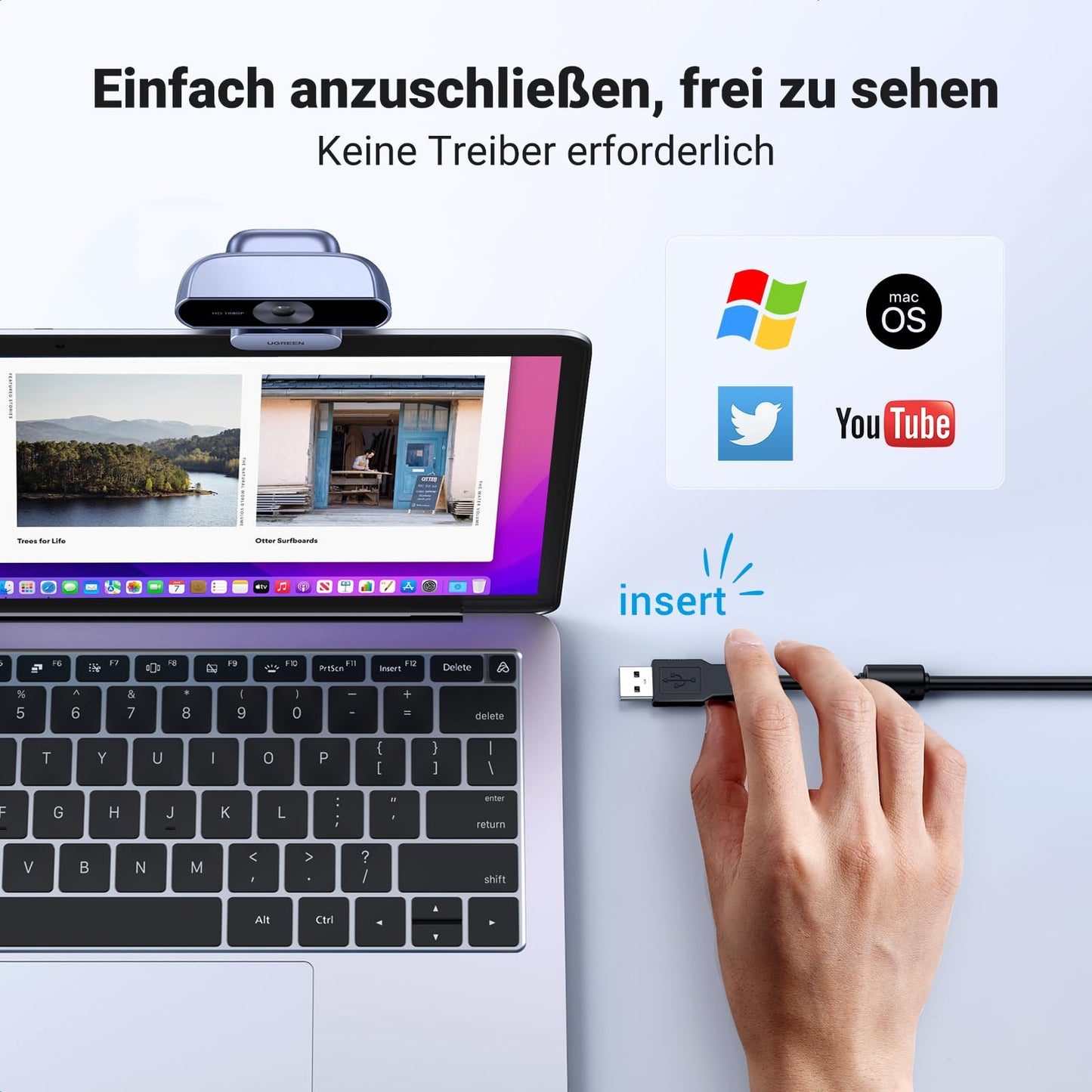UGREEN Webcam Full HD 1080P/30fps USB Webcam für PC, Webcam mit Mikrofon, klares Stereo-Audio, automatische Lichtkorrektur, 85° Ansicht, USB Webcam für Live Streaming, Videoanrufe, Lernen, Konferenzen