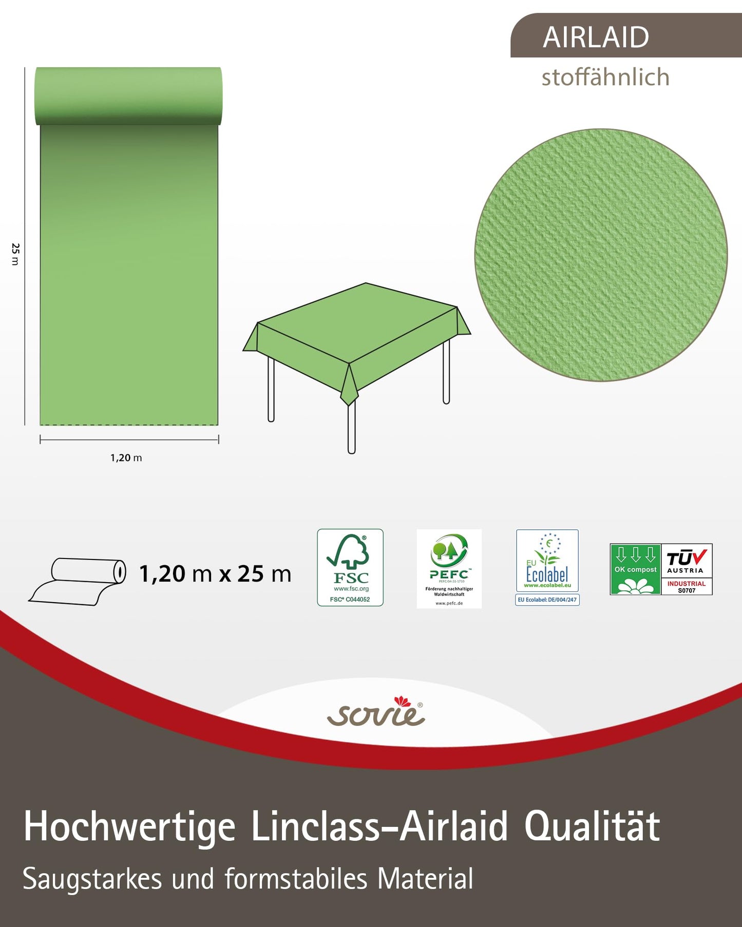 Sovie HORECA Linclass Airlaid Tischdeckenrolle Apfelgrün - Tischdecke 120cm x 25m - Einfarbige Papiertischdecke Rolle - Ideal für Party & Hochzeit