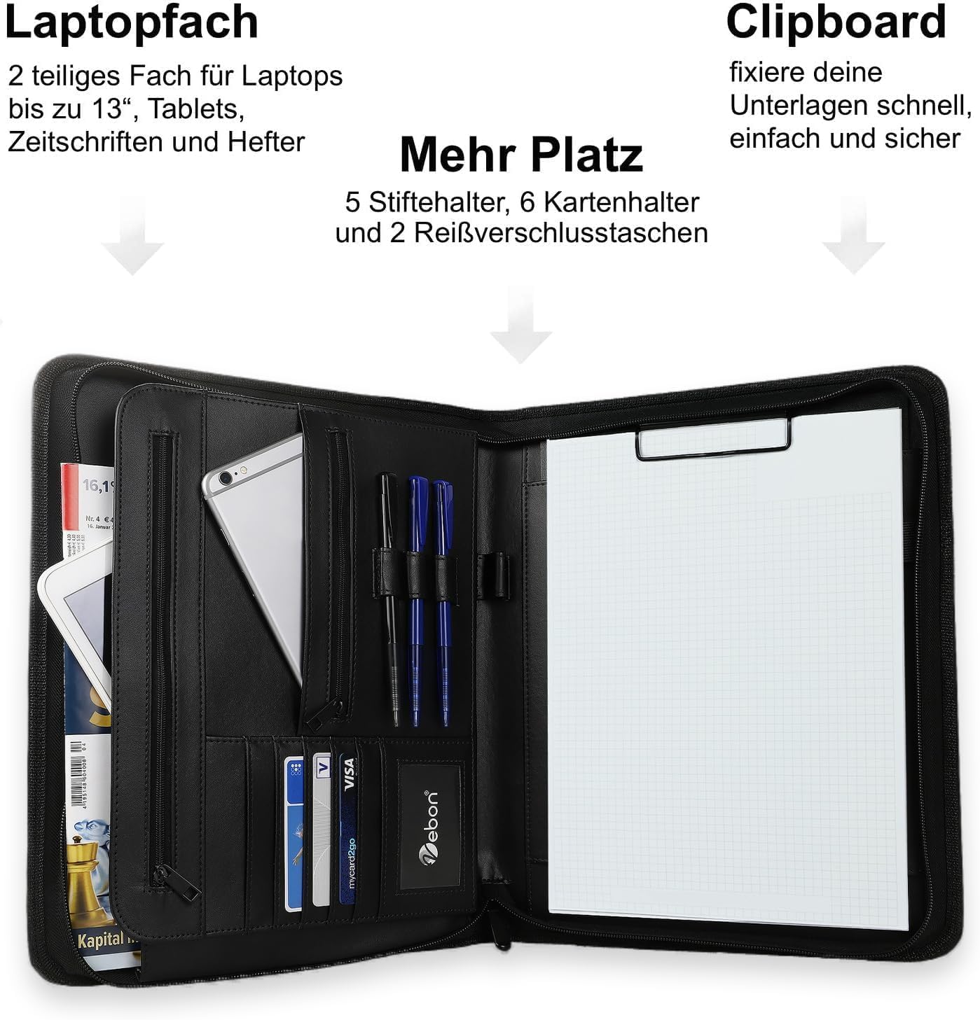 Vebon® Schreibmappe A4 groß"New York" I Veganes Leder, Reißverschluss + Klemmbrett I Konferenzmappe + Laptoptasche I extra Stauraum I Schwarz