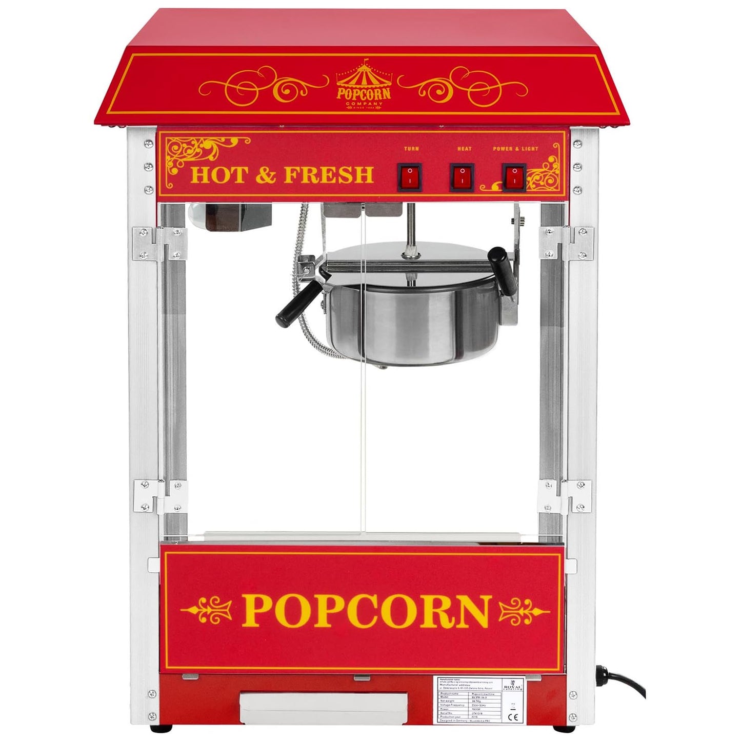 Royal Catering RCPW-16.3 Popcornmaschine Popcornmaker mit Wagen (1500 W, 5 kg/h 16 l/h, Topfbeschichtung Teflon) Retro Rot