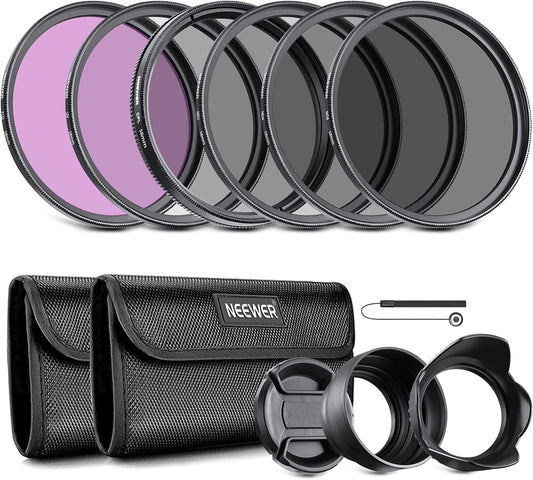 NEEWER 58mm Objektiv Filter Set: UV, CPL, FLD, ND2, ND4, ND8, Gegenlichtblende und Objektivdeckel Kompatibel mit Canon Nikon Sony Panasonic DSLR Kameras mit 58mm Objektiv