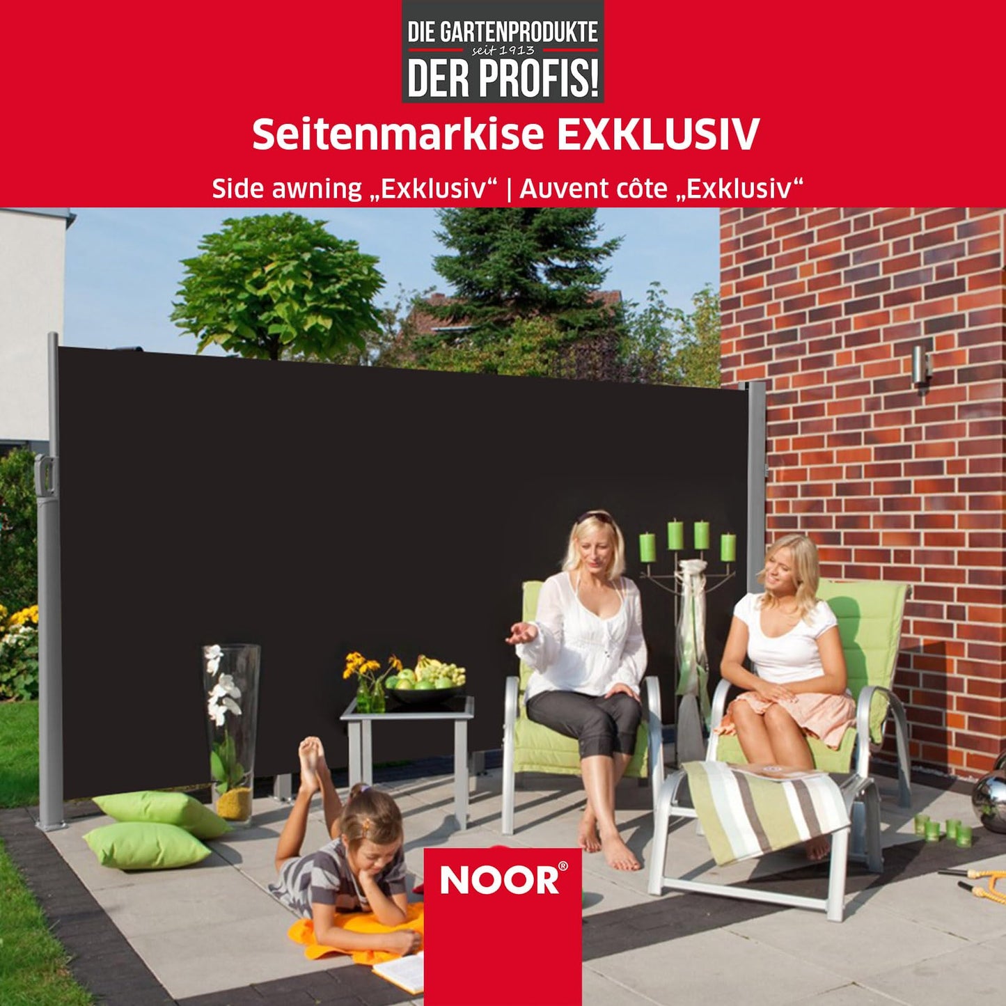 NOOR Seitenmarkise EXKLUSIV 200x350 cm Anthrazit - blickdichter Sichtschutz für Balkon, Terrasse & Garten - ausziehbarer Sonnenschutz/Windschutz inkl. Befestigungen - imprägniert und wasserabweisend
