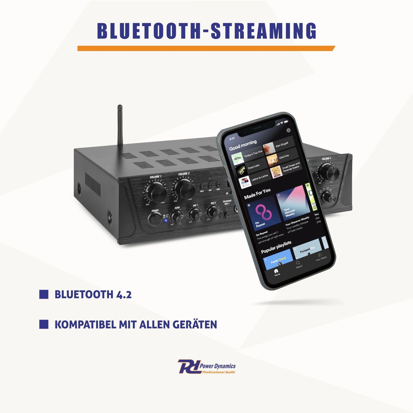 Power Dynamics PV240BT - 4 Kanal Stereo Verstärker Bluetooth, 400 Watt Amplifier Hifi Receiver, Fernbedienung, FM Radio, USB, SD, MP3, 2x Mikrofon Anschlüsse mit Echo, Talkover Funktion - Schwarz