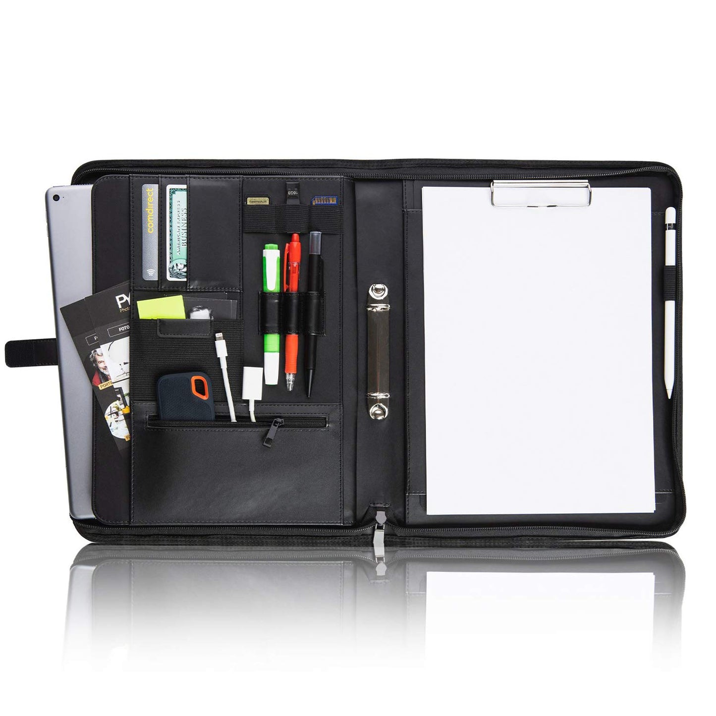 Vebon® Schreibmappe Ringbuch A4"Paris" I Reißverschluss + Klemmbrett I Dokumentenmappe + Laptoptasche I extra Stauraum I Kunstleder I Schwarz