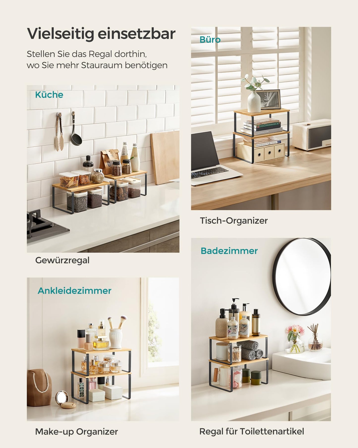 SONGMICS Gewürzregal, 2er Set Küchen-Organizer, Küchenregal, Schrank-Organizer Küche, erweiterbar, kleines Regal, stapelbar, Metall und Holzwerkstoff, tintenschwarz-naturbeige KCS02NB