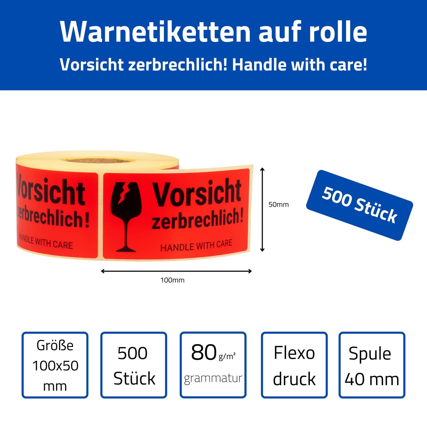 MD Labels Warnetiketten auf rolle 100x50mm – 500 – Vorsicht zerbrechlich - Handle with care – Fragile Attention Versandaufkleber – Paketaufkleber- Vorsicht Glas Aufkleber