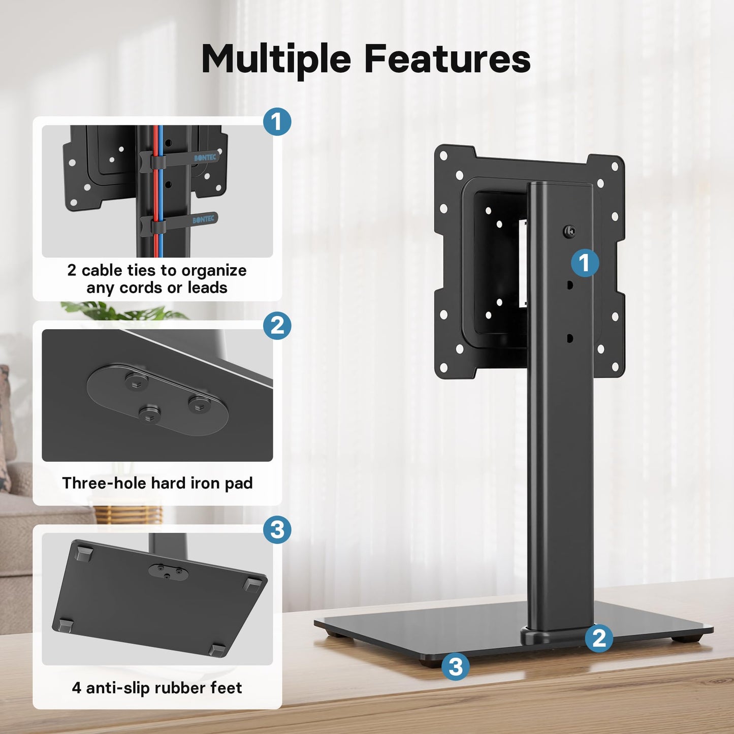 BONTEC TV Standfuss Monitor Standfuss für 17-43 Zoll LCD LED OLED Plasma Flach & Curved Fernseher & Monitor bis zu 45 kg mit 50 Grad Drehgelenk, 3 Stufig Höhenverstellbar, Max VESA 200x200