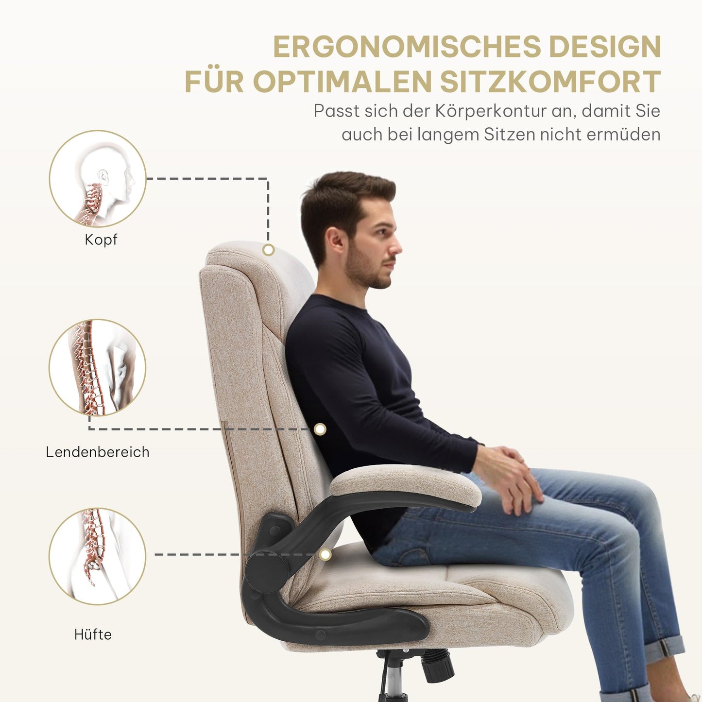 eSituro Bürostuhl ergonomisch, Schreibtischstuhl, Chefsessel 150 kg, Drehstuhl mit Rollen, hochklappbare Armlehnen, Sitzfläche aus Stoff, Beige