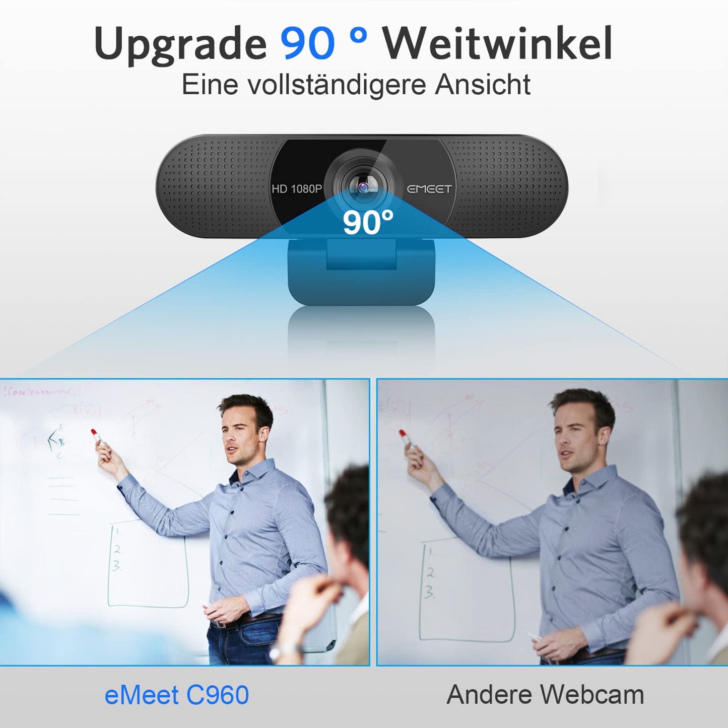 EMEET Full HD Webcam - C960 1080P Webcam mit Objektivabdeckung & Dual Mikrofon, 90 ° Streaming Kamera mit Automatische Lichtkorrektur, Plug & Play, für Linux, Win10, Mac OS