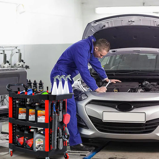 HYEIOL Werkstattwagen mit 3 Etagen, Lochbrett und 24 Haken, Tragkraft 100 kg, Schwarz