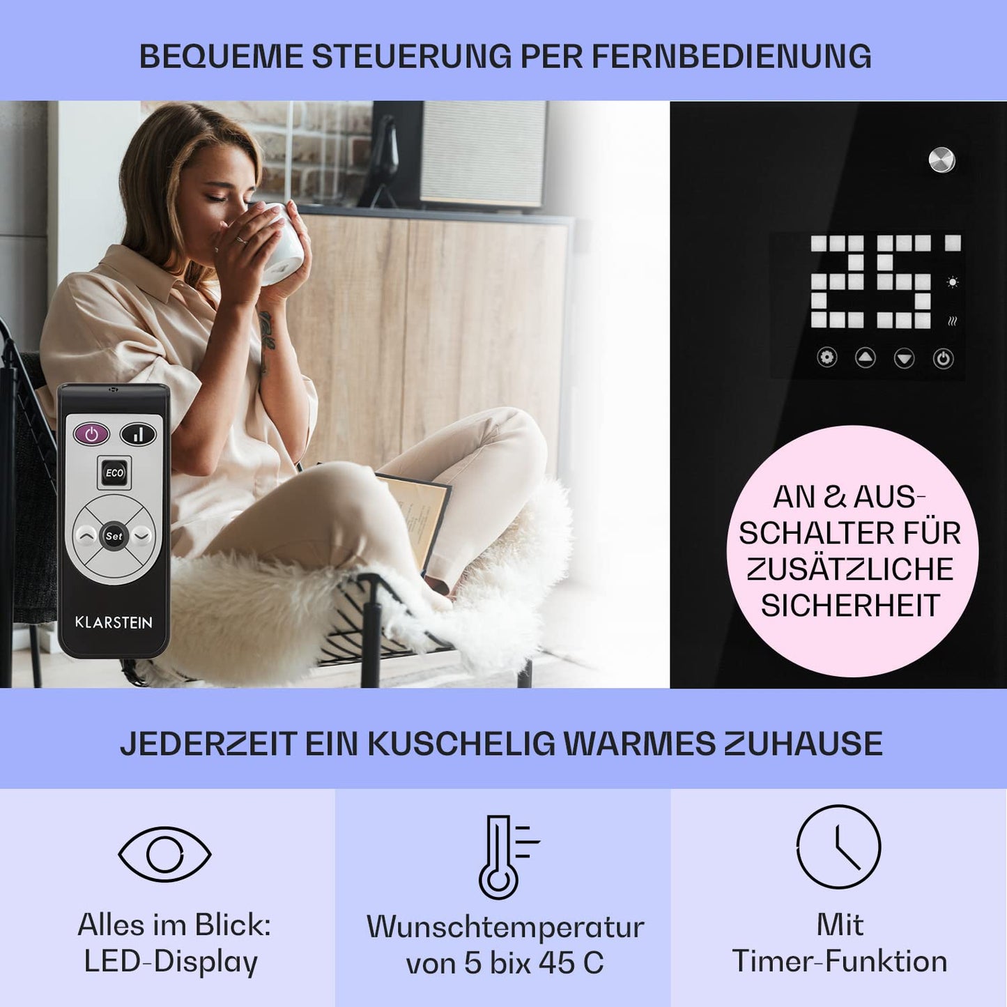 Klarstein Elektroheizung, Konvektor-Heizung Freistehend oder Wandmontage, Mobile Energiesparend, Leise , Standgerät Heizkörper Elektrisch mit Thermostat, 2000 Watt