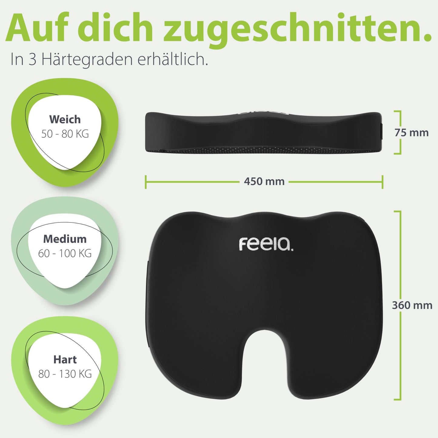 feela.® Orthopädisches Sitzkissen [3 Härtegrade] - Ergonomisches Sitzkissen für Bürostuhl & Co - Wirkt Schmerzreduzierend, Erhöht Sitzkomfort, Fördert Durchblutung und Entlastet das Steißbein (Medium)