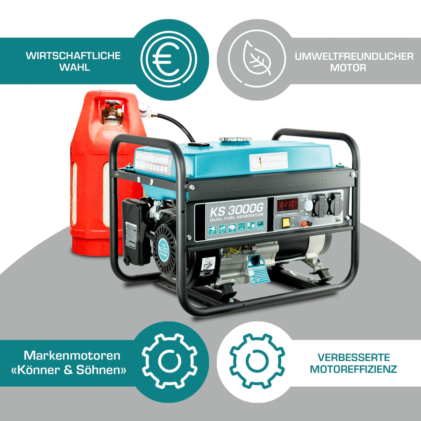 Könner & Söhnen KS 3000G - Hybrid Benzin-LPG 4-Takt Stromerzeuger, Kupfer Generatoren 3000 Watt, 16A, 230V, Generator für Kleinhaus, Garage oder Camping Blau3-g