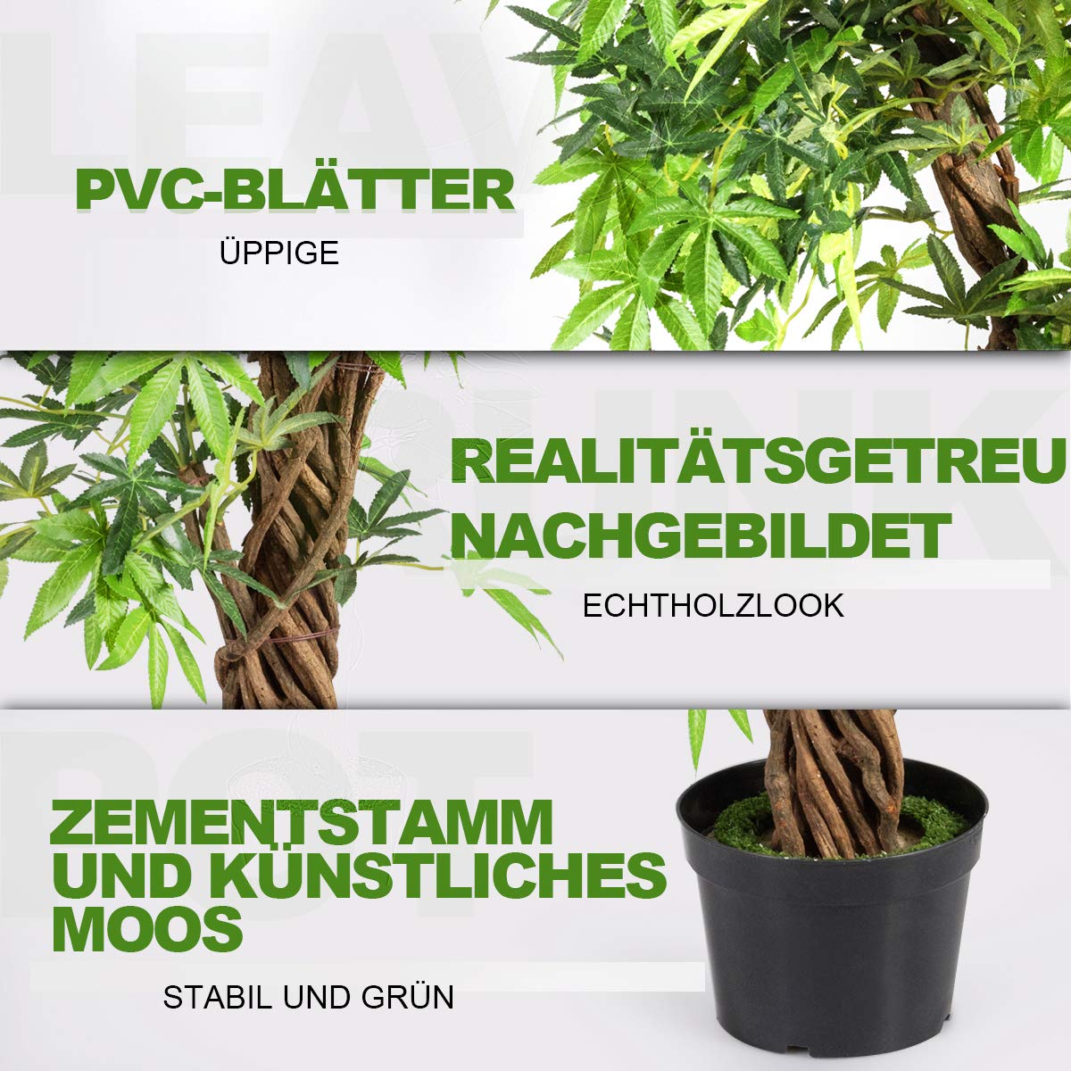 COSTWAY Künstliche Pflanzen Groß 160 cm, Kunstpflanze im Topf, Kunstbaum wie echt, Zimmerpflanze mit Naturholzstamm, für Zuhause, Büro