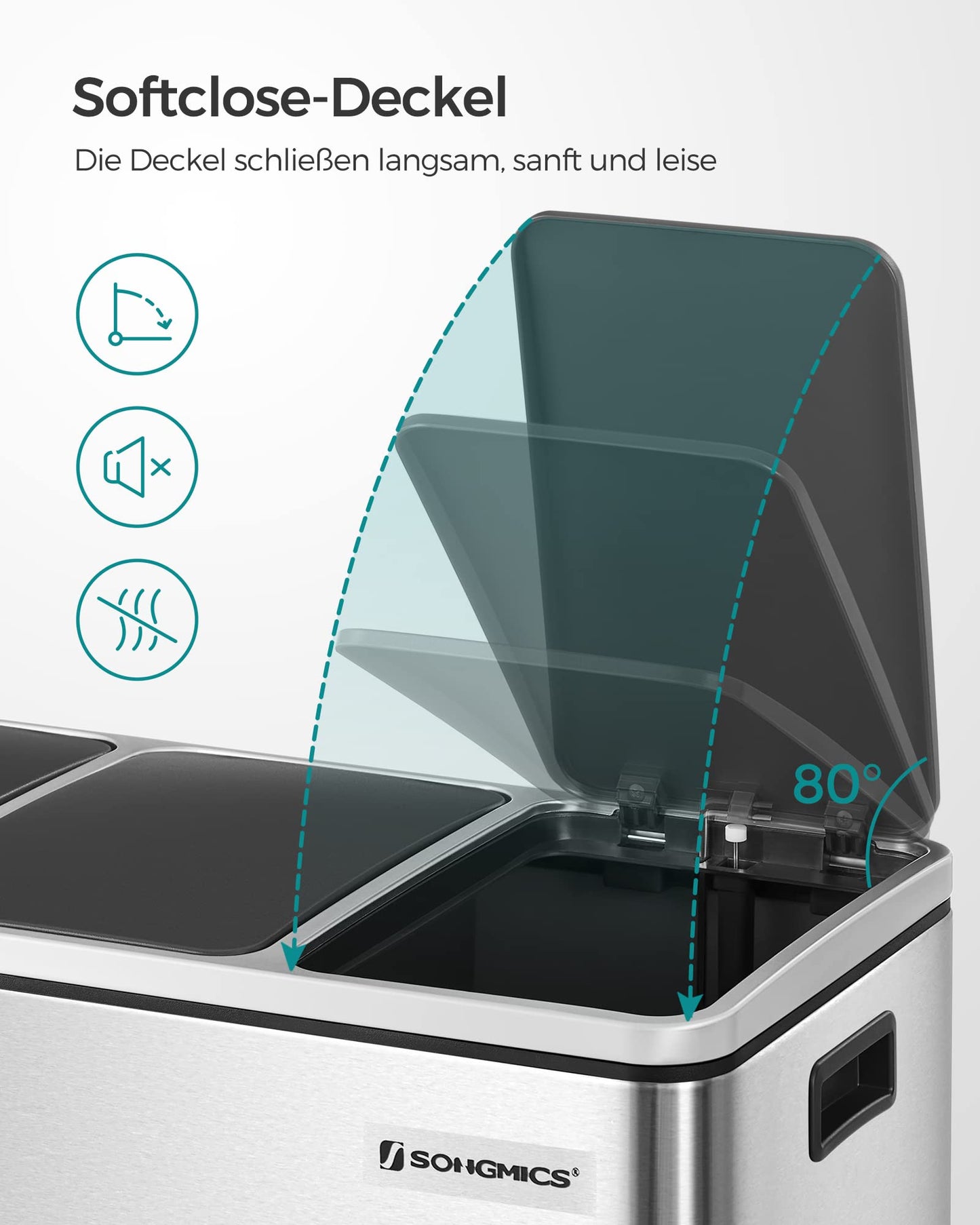 SONGMICS Mülleimer Küche, 3 x 18 L, Mülltrennsystem 3 Fächer, inklusive 15 Müllbeutel, Abfalleimer, Treteimer, für recycelbare Abfälle, Biomüll, mit Deckel, metallicsilber-tintenschwarz LTB54NL