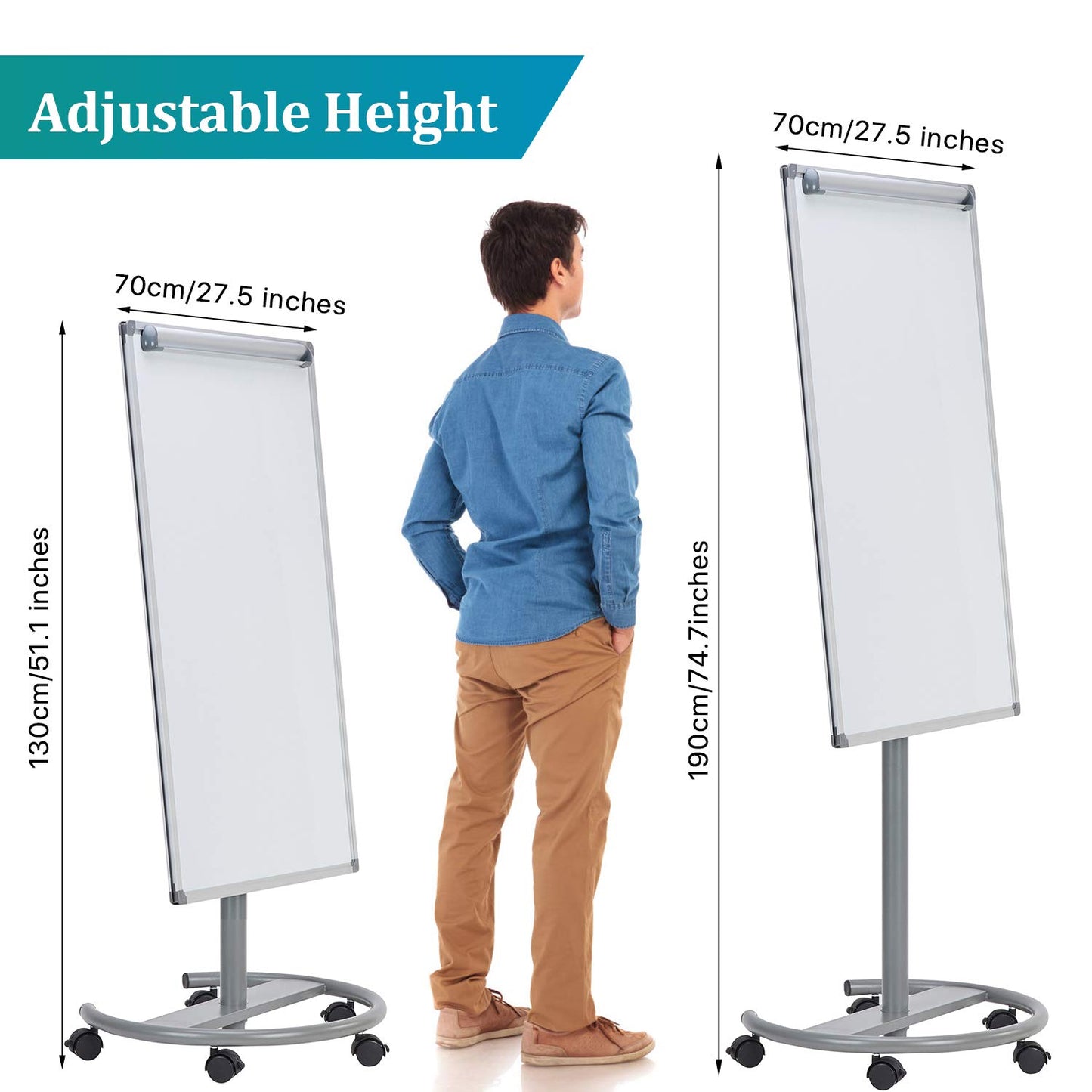 MAKELLO Flipchart 70x100cm Mobiles Whiteboard auf Rollen, Magnetisch Trocken Abwischbar, Höhenverstellbar, Rundfuß, Flip Chart Board für Büro