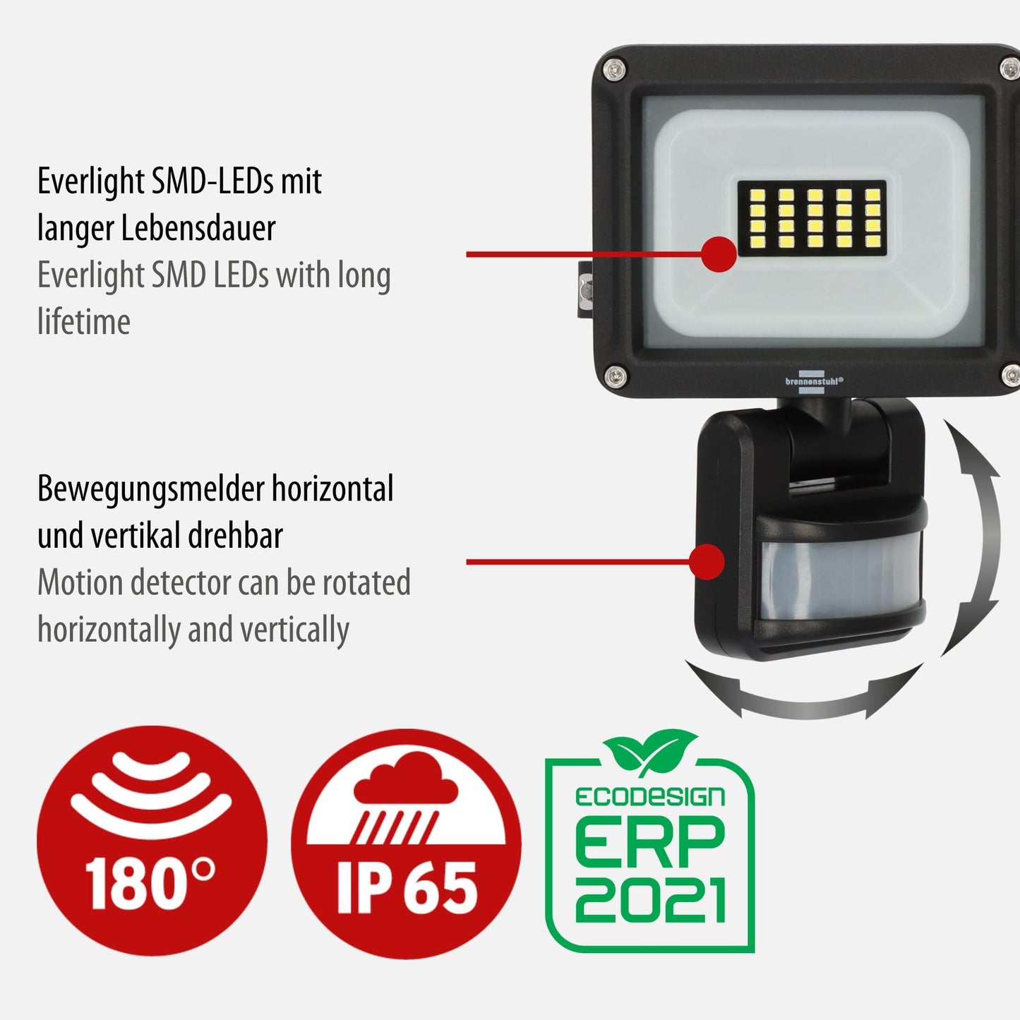 Brennenstuhl LED Strahler JARO 1060 P (LED Wandstrahler für außen IP65, 10W, 1150lm, 6500K, mit Bewegungsmelder und Dämmerungssensor)