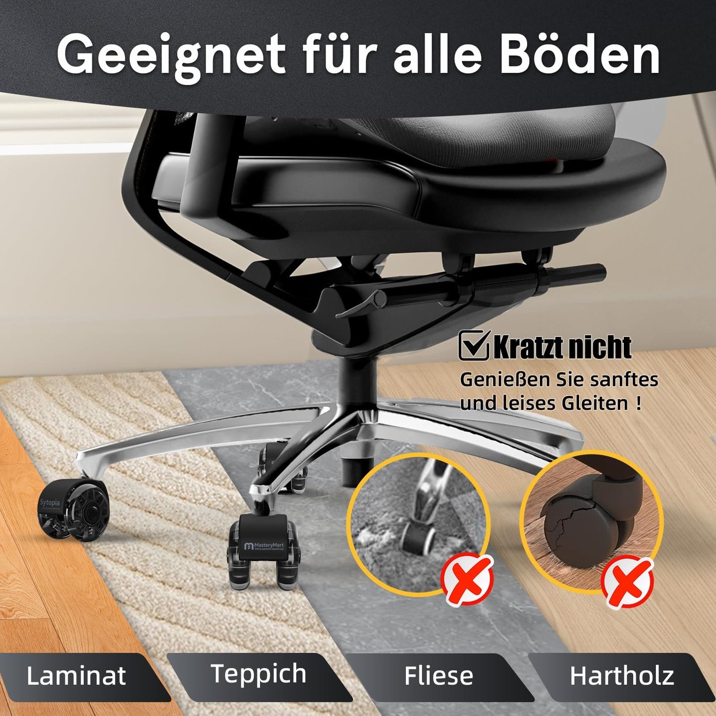 Mastery Mart Bürostuhlrollen 5er Set, 60 mm Hartbodenrollen mit Polyurethan, Schwarz, für Parkett und Laminat