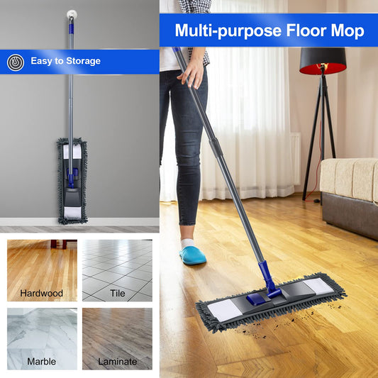 Masthome Wischmopp Bodenwischer Bodenreiniger,Mikrofaser Mopp mit 128cm Teleskopstiel,Wischer Boden Flachmopp mit 4 Moppads für Hartholz,Laminat,Fliesen,Marmor,Send Scraping Dust