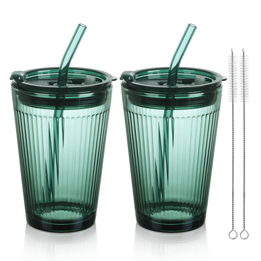 Joeyan 450ml Grün Trinkbecher mit Deckel und Strohhalm Glas-2er Set Glas Smoothie Becher mit Strohhalm-Kaffeebecher mit Trinkhalm für Saft, Kaffee,Wasser,Tee, Luftdicht Wasserdicht Design Reisebecher