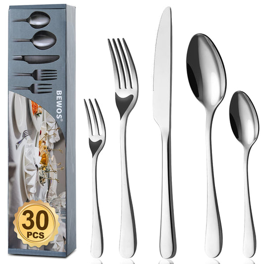 BEWOS Besteck Set für 6 Personen, 30 teilig Essbesteck Set inkl. Messer, Gabel, Löffel, Besteck Edelstahl Spiegelpoliert, Spülmaschinenfest