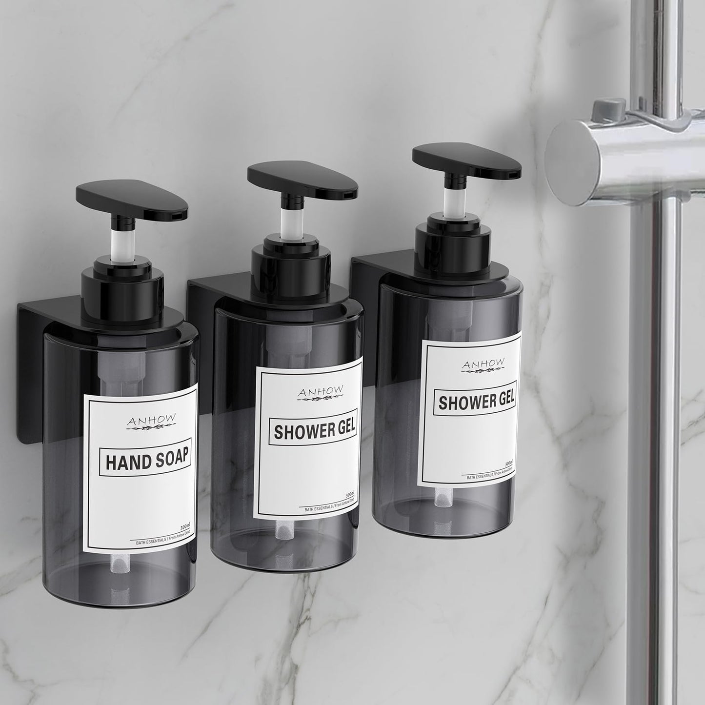 Anhow 4er Seifenspender Wandbefestigung Set, 300ml Seifenspender Wand Ohne Bohren Leere Duschgel Spender mit 12er Kategorie Etikett für Dusche/Küche/Badezimmer - Grau