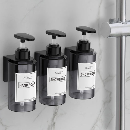 Anhow 4er Seifenspender Wandbefestigung Set, 300ml Seifenspender Wand Ohne Bohren Leere Duschgel Spender mit 12er Kategorie Etikett für Dusche/Küche/Badezimmer - Grau