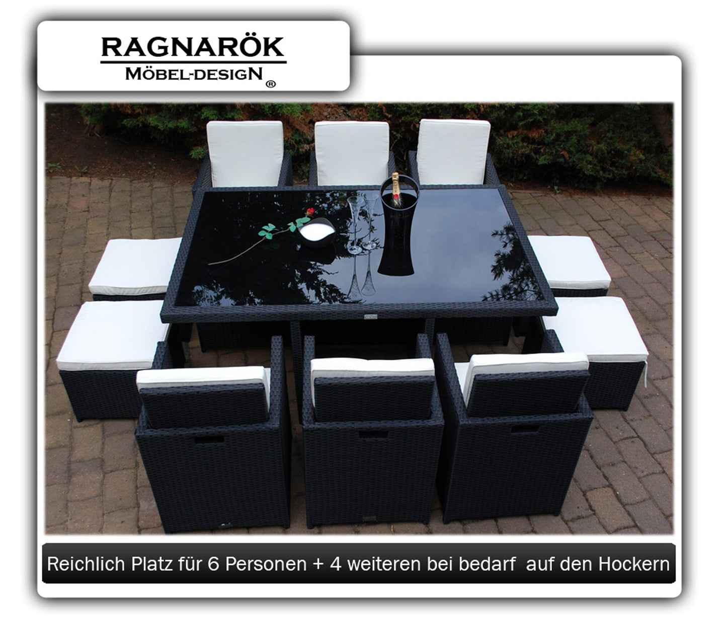 Ragnarök-Möbeldesign PolyRattan Essgruppe - DEUTSCHE Marke - EIGNENE Produktion - 8 Jahre GARANTIE - 6 Stuhl 4 Hocker Garten Möbel Glas Polster schwarz Gartenmöbel Dinning Aluminium Rostfrei